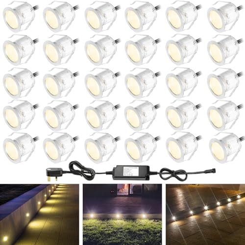 INDARUN Warm White Led Decking Lights Outdoor Waterproof IP67 Ø30MM 12V - Led Plinth Light Kits for Terrace/Patio/Path/Wall/Garden/Decoration, 30 Packs