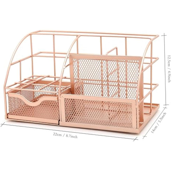 EXERZ Desk Organiser/Mesh Desk Tidy Caddy/Pencil Holder Multifunctional with 7 Compartments - Rose Gold