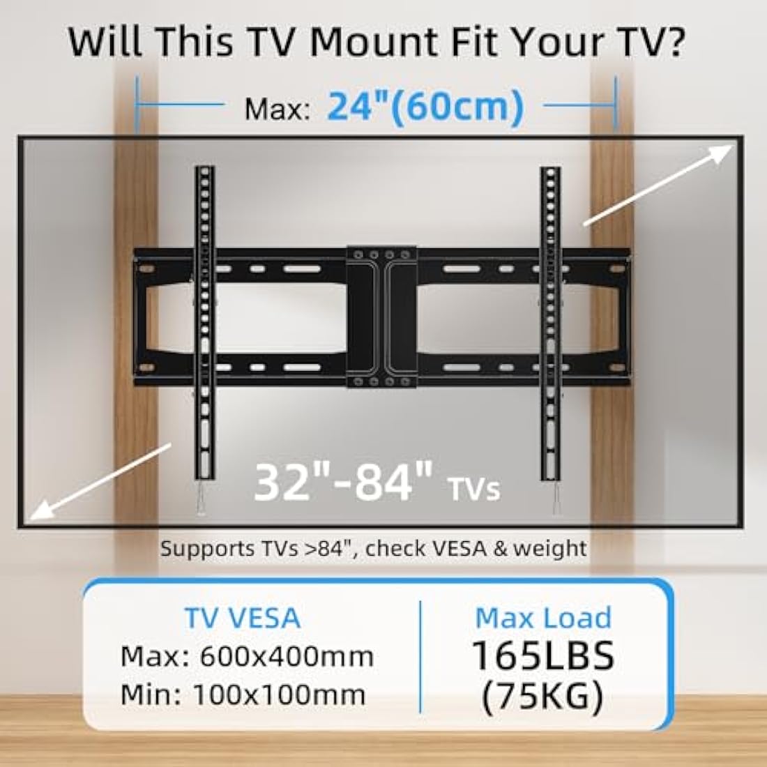 HOME VISION Heavy Duty Tilt TV Wall Mount Bracket for 32-85 Inch Flat/Curved TVs, 75KG/165LBS Capacity, Max VESA 600x400mm, Low Profile, Universal, Fits Most 40 43 50 55 65 70 75+ Inch Monitor, HV9601