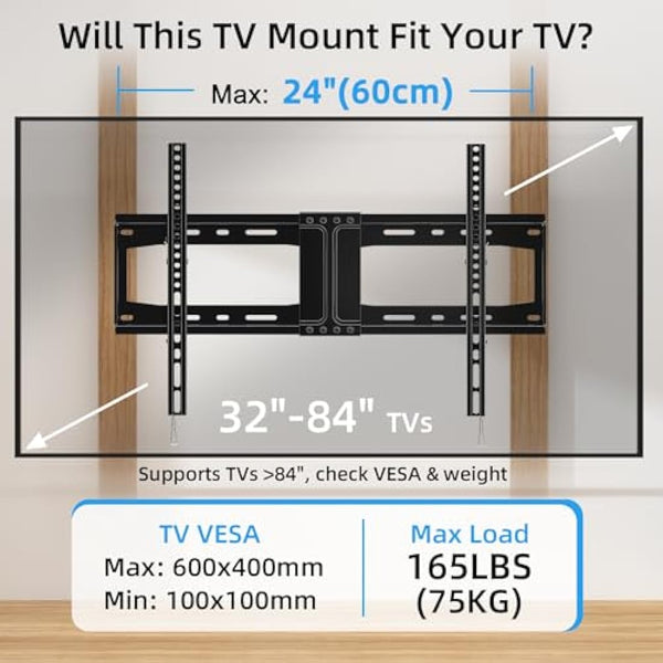 HOME VISION Heavy Duty Tilt TV Wall Mount Bracket for 32-85 Inch Flat/Curved TVs, 75KG/165LBS Capacity, Max VESA 600x400mm, Low Profile, Universal, Fits Most 40 43 50 55 65 70 75+ Inch Monitor, HV9601