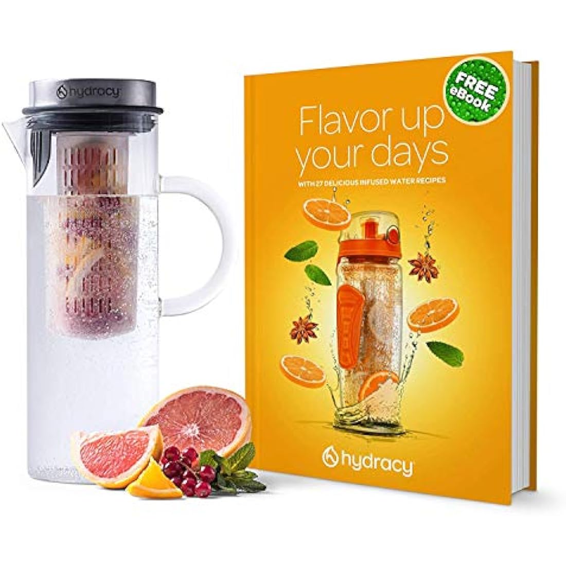 Hydracy Glass Infusion Carafe 1.5L with Handle- Cafetières Hot Coffee Server - Iced Coffee & Iced Tea Jug with Stainless Steel Lid and Filter - Extra Fruit Infusion Tube - Dishwasher Safe Pitcher