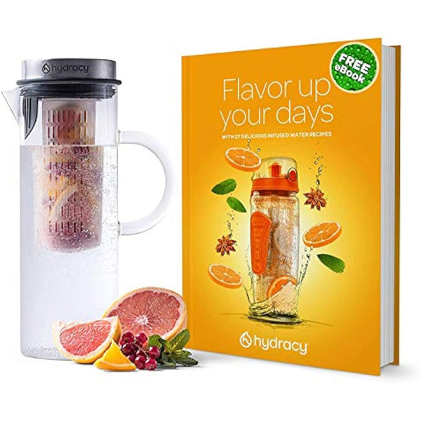Hydracy Glass Infusion Carafe 1.5L with Handle- Cafetières Hot Coffee Server - Iced Coffee & Iced Tea Jug with Stainless Steel Lid and Filter - Extra Fruit Infusion Tube - Dishwasher Safe Pitcher