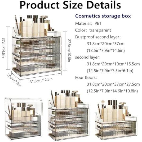 DASITON Clear Dustproof Four layers Storage Box,Makeup Brush Holder,Large Capacity Desktop Storage Box with Drawer,for Beauty Products,Perfume,Jewelry,Nail Polish