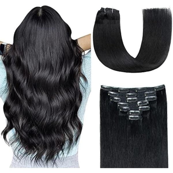 AGMITY Clip in Jet Black 16 inch 7Pcs 120g 100% Real Remy Human Hair Seamless Double Weft Straight Hair Extensions