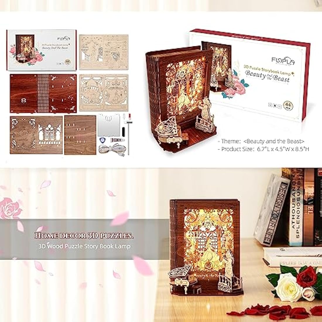 FUNPOLA Beauty and the Beast 3D Wooden Puzzle for Adults – Beauty and the Beast 3D Puzzle Storybook Lamp – 3D Wood Puzzles Décor Model Kit for Kids and Adults