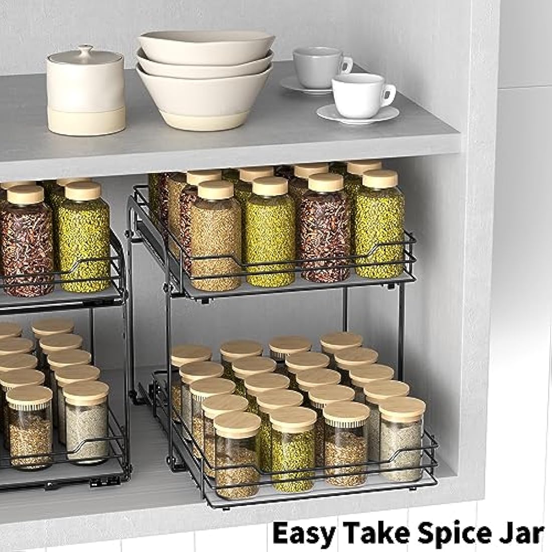 AIRUJIA Pull Out Cabinet Organizer - Height Adjustable 2-Tier Spice Rack, Heavy Duty Metal, Kitchen Storage Shelf - L10.4*W9*H9inch