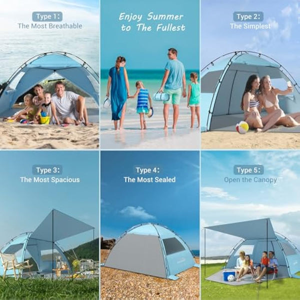 Elegear Beach Tent for 4-5 Person with Extra Large Canopy, Portable Sun Shelter Tent with UPF 50+ UV Protection, Beach Shade with Expandable Porch, Easy Setup Sun Tent for Beach, Camping, Fishing