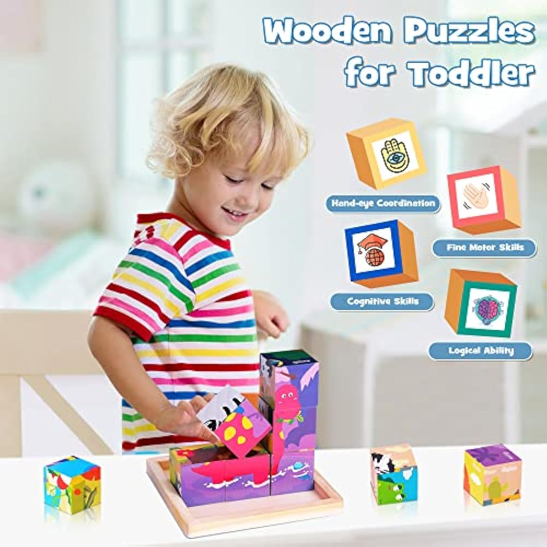 Japace Wooden Jigsaw Puzzles for Toddlers, 6 in 1 Animal Puzzle 3D Wooden Cube Block Toys Montessori Educational Games for Kids 1 2 3 4 Years Old Birthday for Boys and Girls (Medium)