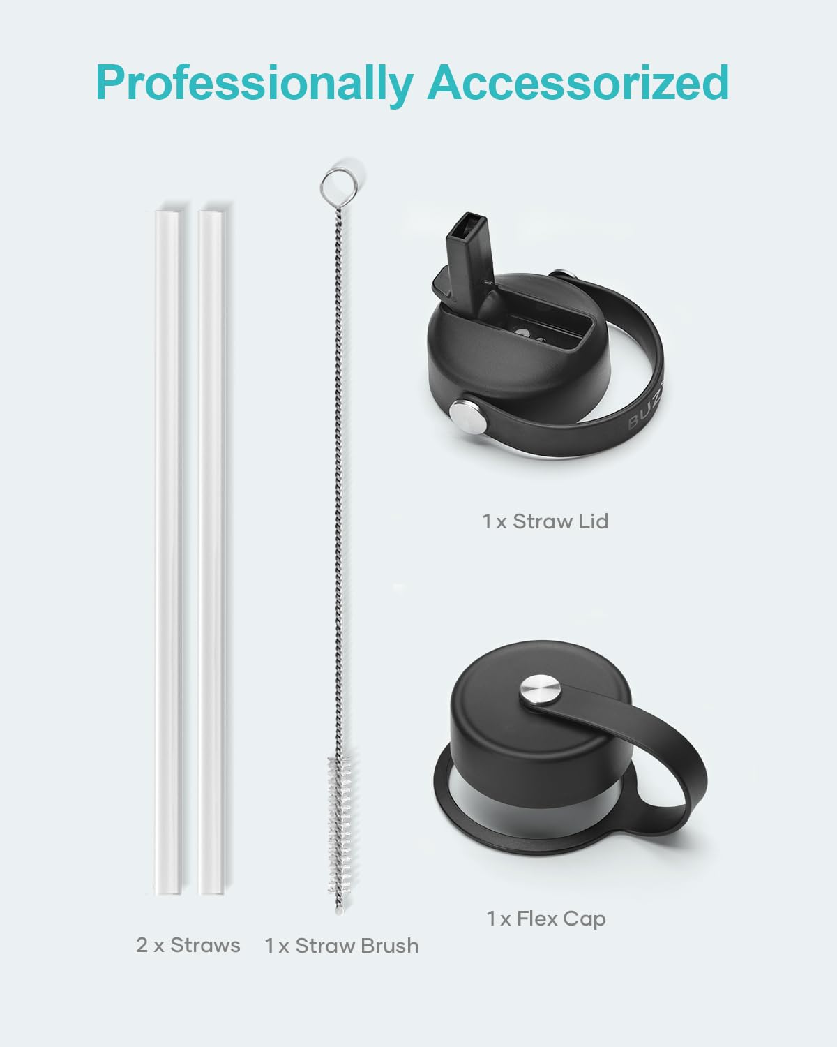 Stainless Steel Water Bottle 2L, BUZIO Vacuum Insulated Water Bottle with Straw Lid and Flex Cap Cold for 48 Hrs, Hot for 24 Hrs Double Wall Wide Mouth BPA Free Leak Proof, Black