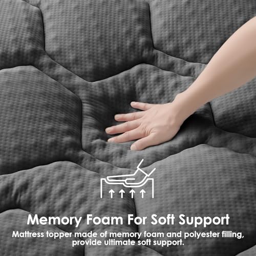 EHEYCIGA Memory Foam Mattress Topper Kingsize Bed, Gel Mattress Pad with Extra Deep Pocket, Breathable Mattress Cover, 150x200x3cm, Dark Grey