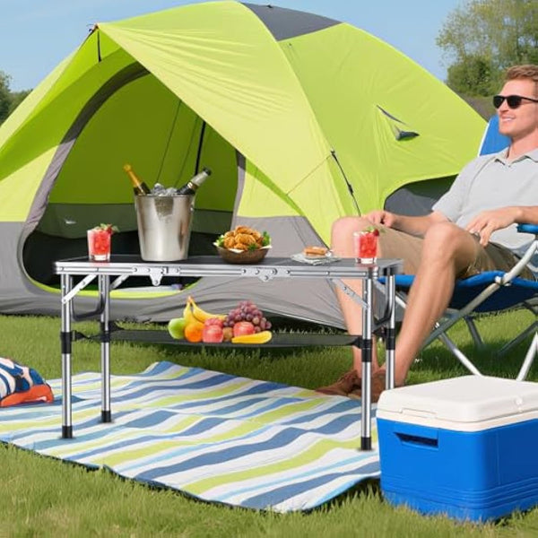 Anbte Folding Camping Table, Aluminum 88 cm x 40 cm Portable Table Picnic Table with Storage Net Adjustable Waterproof Lightweight Foldable Stored for Outdoor Indoor Picnic Beach Backyard(3 heights)