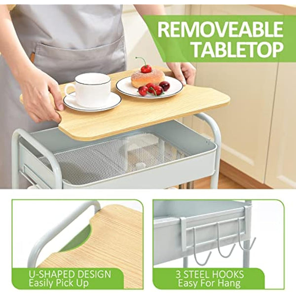 KINGRACK 3 Tier Metal Storage Trolley on Wheels with Removeable Wooden Worktop Trap Table Cover, Beauty Book Craft Tea Art Trolley for Home Bathroom Kitchen Laundry, No screws needed Easy