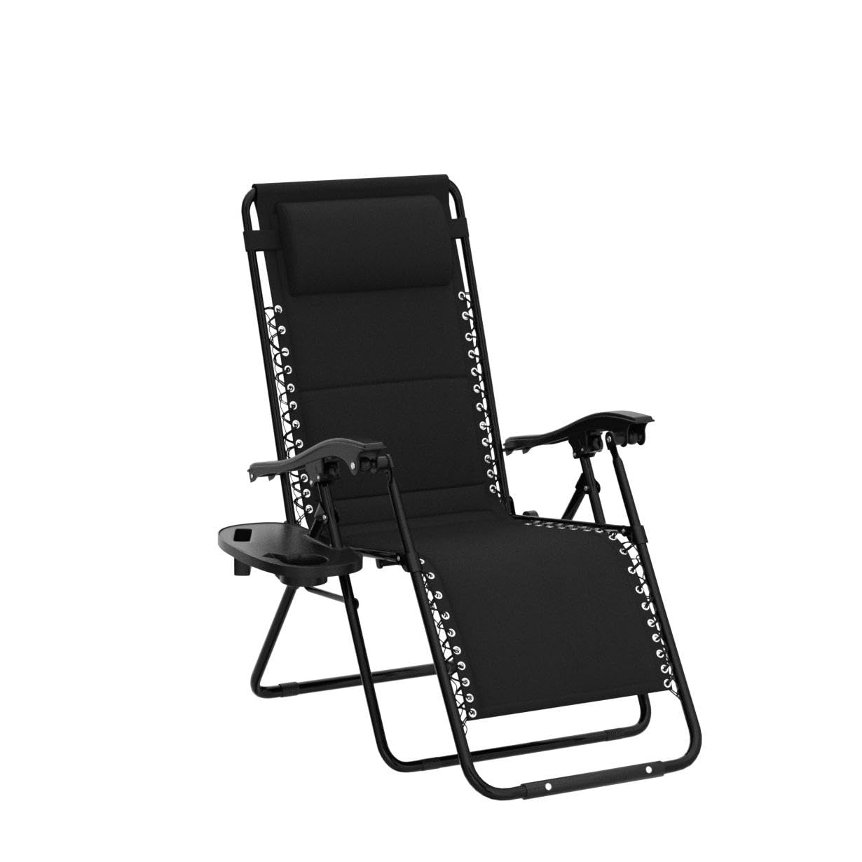 Set of 2 Sun Lounger Garden Chairs With Cup And Phone Holder | Adjustable Headrest Pillow | Deck Folding Recliner Zero Gravity Outdoor Chair - Black