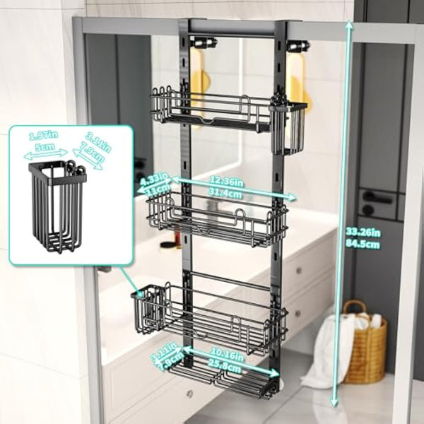 HapiRm Shower Caddy Hanging - 4 Tier Over Door Shower Shelf, Bathroom Storage with 22 Hooks and 2 Toothbrush Holders, No Drilling Adjustable Bathroom Shelf - Black