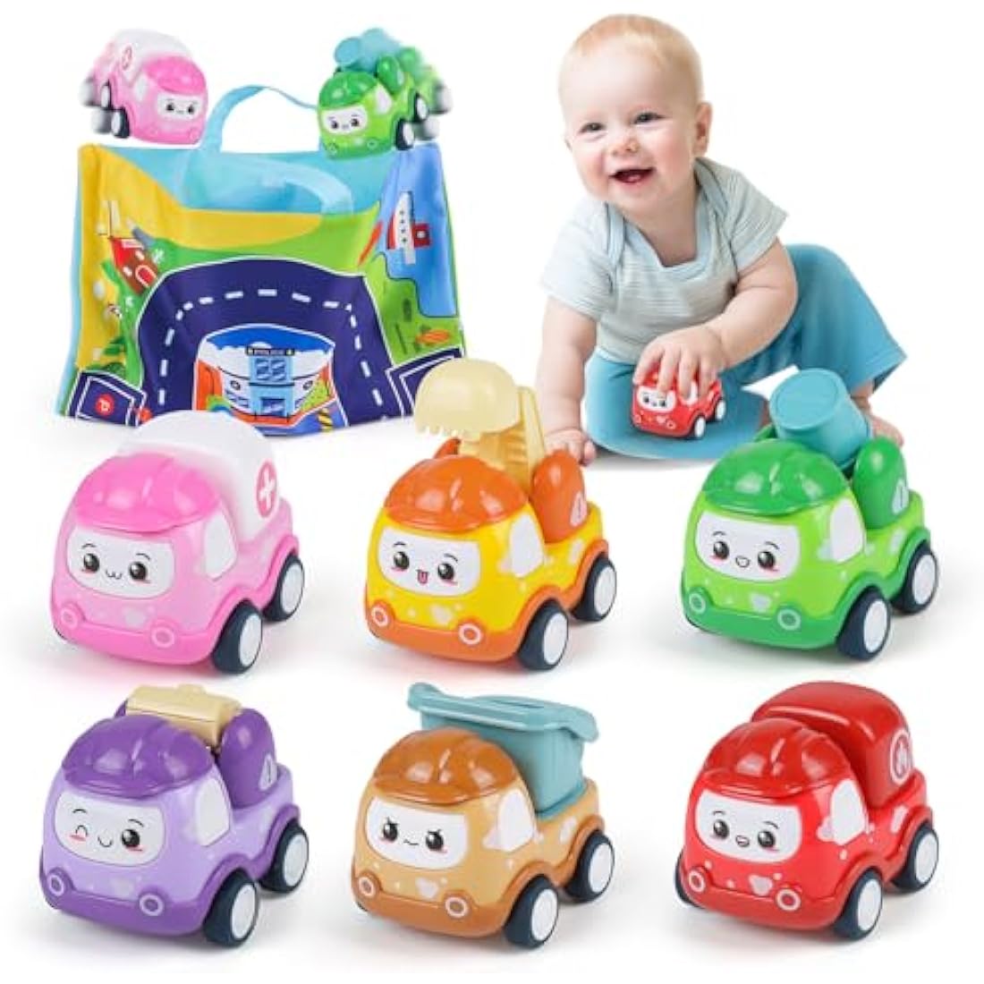 6PCS Pull Back Cars for Kids, Construction Vehicle Toy Set with Play Mat and Storage Bag, Friction Powered Trucks for Boys Girls Aged 3 4 5, Cartoon Gift for Birthday Easter Party