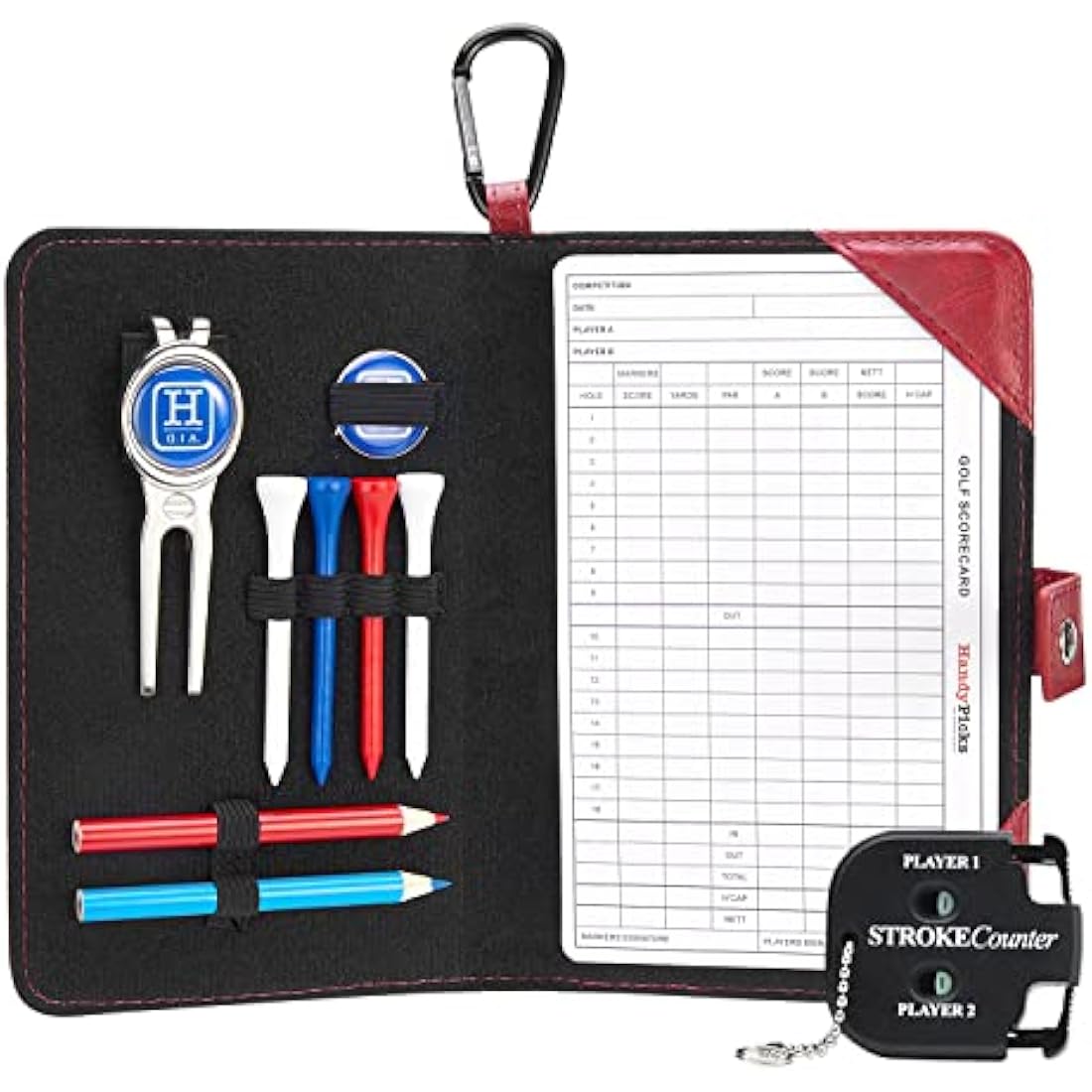 Handy Picks Golf Scorecard Holder n Yardage Book Cover - Divot Repair Tool, Ball Marker, Golf Tees, Scorer, Pencil n Scorecards Included - Gift for Golfers