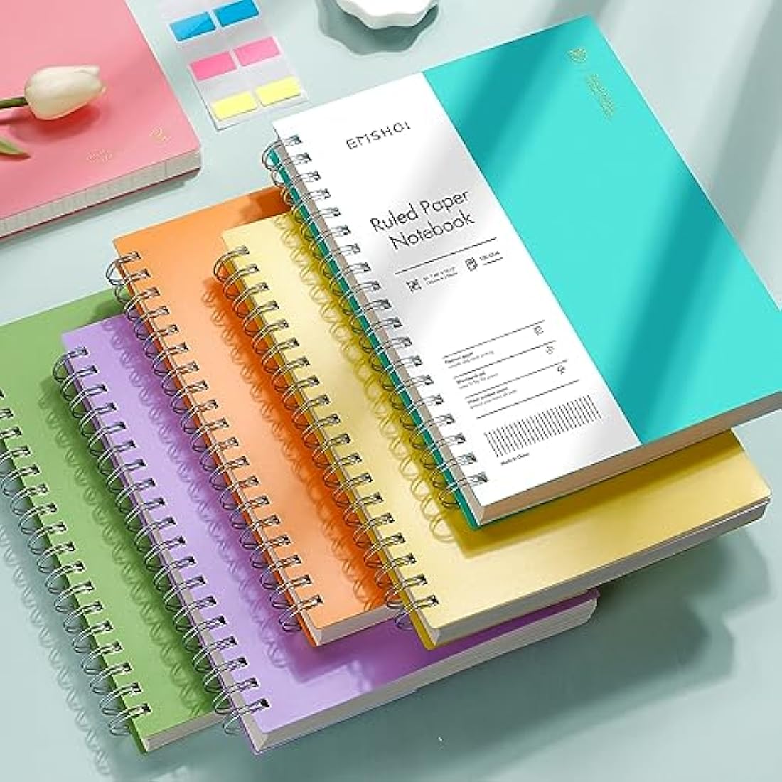 EMSHOI B5 Notebook Lined 300 Pages/150 Sheets, Spiral Notepad Multi-Coloured, 100gsm Thick Paper, Waterproof Hardcover, Writing Journal for Women Men Work Office School,19 x 25 cm, LightBlue