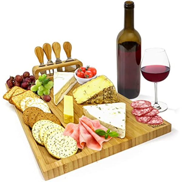 joeji's Kitchen Cheese Board Platter Set - Natural Wood Bamboo - Gift Set with Knives & Holder - Charcuterie Platter