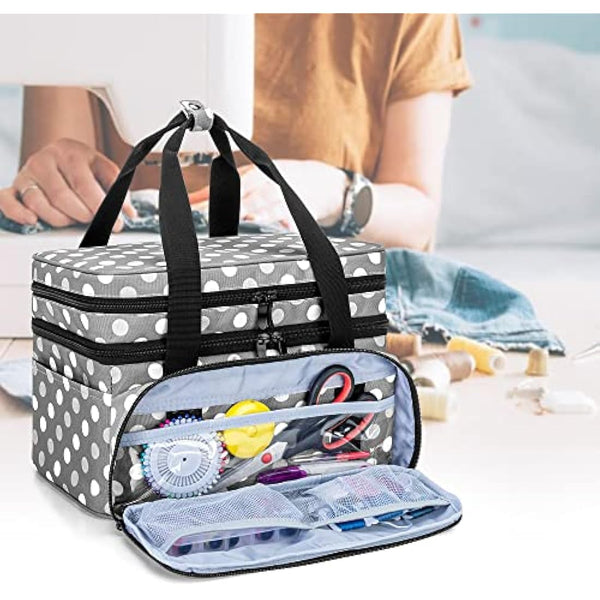 BAFASO Double Layer Sewing Accessories Organiser with 2 Detachable Pouches, Large Sewing Storage Bag for Sewing Tools, Polka Dots