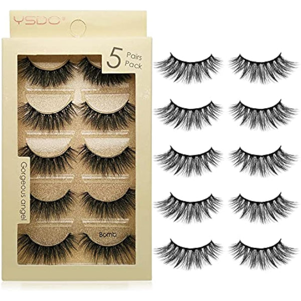 False Eyelashes 5 Pairs Reusable 3D Fluffy Lashes Handmade Natural Thick Fake Eyelashes Contains Stainless Steel Eyelash Tweezers (Bomb)