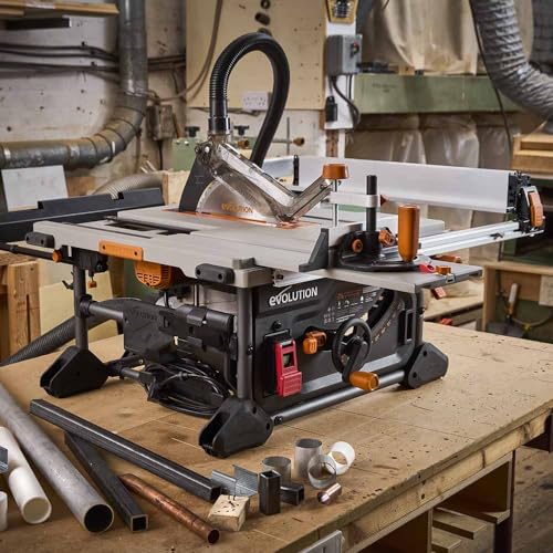 Evolution Power Tools R255TBLX+ Table Saw With Stand (Next Gen Rage 5-S) Multi-Material Cutting Blade Included Cuts Wood Metal Plastic, 45˚ Bevel, +/- 60˚ Mitre Angle, 85mm Cut Depth, 1800w Motor 240v