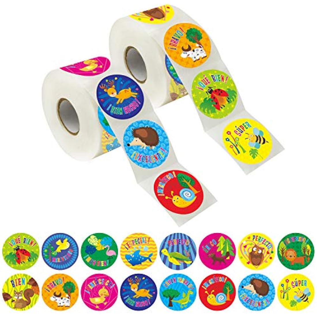600 Teacher Reward Encouragement Motivational Spanish Espanol Sticker in 16 Animal Designs for Teachers, Classroom Use, (Each Measures 1.5" in Diameter)