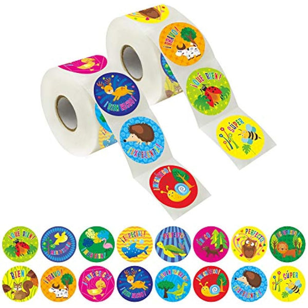 600 Teacher Reward Encouragement Motivational Spanish Espanol Sticker in 16 Animal Designs for Teachers, Classroom Use, (Each Measures 1.5" in Diameter)