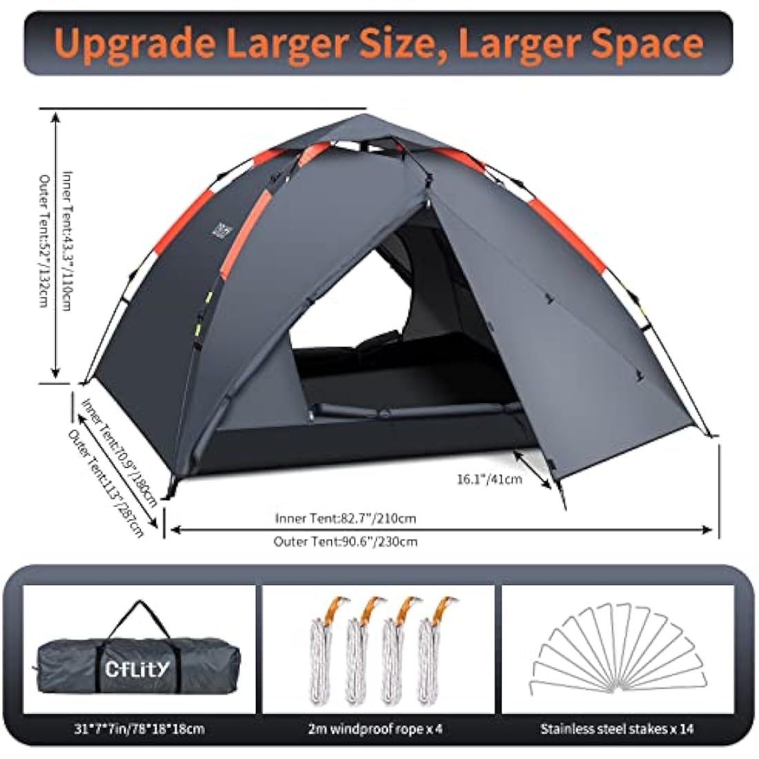 Cflity Camping Tent, 3 Man Instant Pop Up Tent Waterproof Three Layer Automatic Dome Tent, Large Lightweight 4 Seasons Tent, Backpacking Tent with Removable Rain-Fly 2 Extensible Porch for Camping