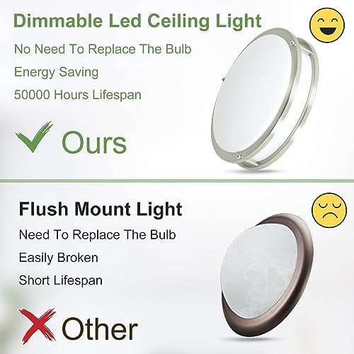DINGLILIGHTING 30W LED Ceiling Light Fixture, 13 in Flush Mount Ceiling Lights, Brushed Nickel Round Lamp for Living Room, Bedroom, Kitchen, Hallway,3000-6000K 5 Color Adjustable, Super Bright