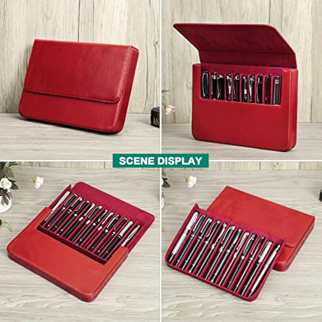 Hiram Leather Pen Case for 12 Pens Vegetable Tanned Leather Fountain Pen Storage Box with Hidden Magnetic Snap Closure and Pen Tray Design (Red)