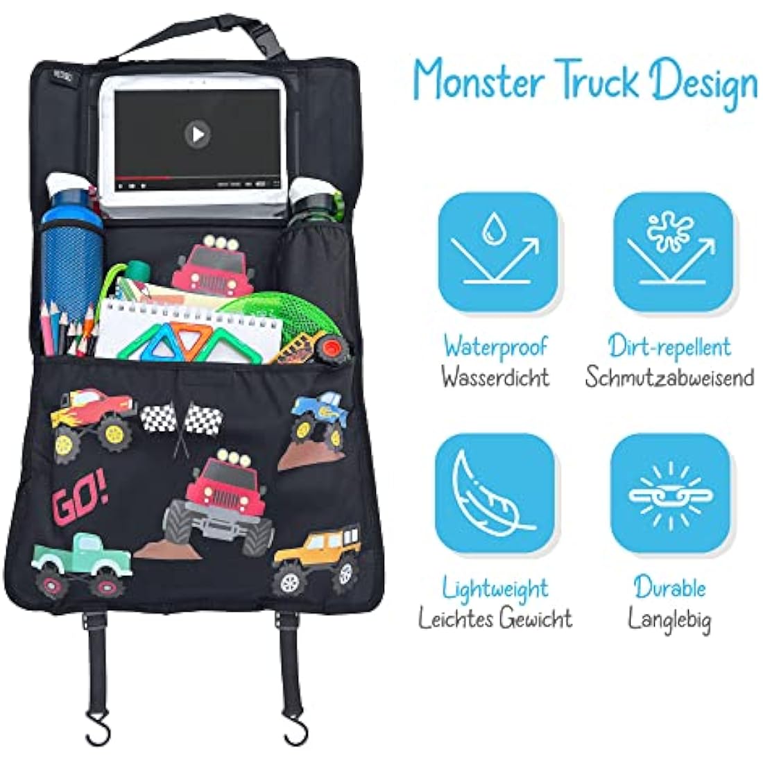 HECKBO 1x car backseat organizer with adjustable tablet pocket for tablets up to 20 inches with touch foil - monster truck - universal fit - incl. thermo pocket + stretch net pocket - washable