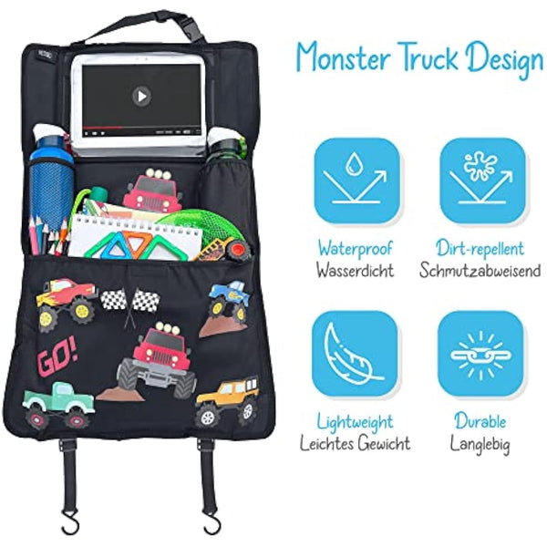 HECKBO 1x car backseat organizer with adjustable tablet pocket for tablets up to 20 inches with touch foil - monster truck - universal fit - incl. thermo pocket + stretch net pocket - washable