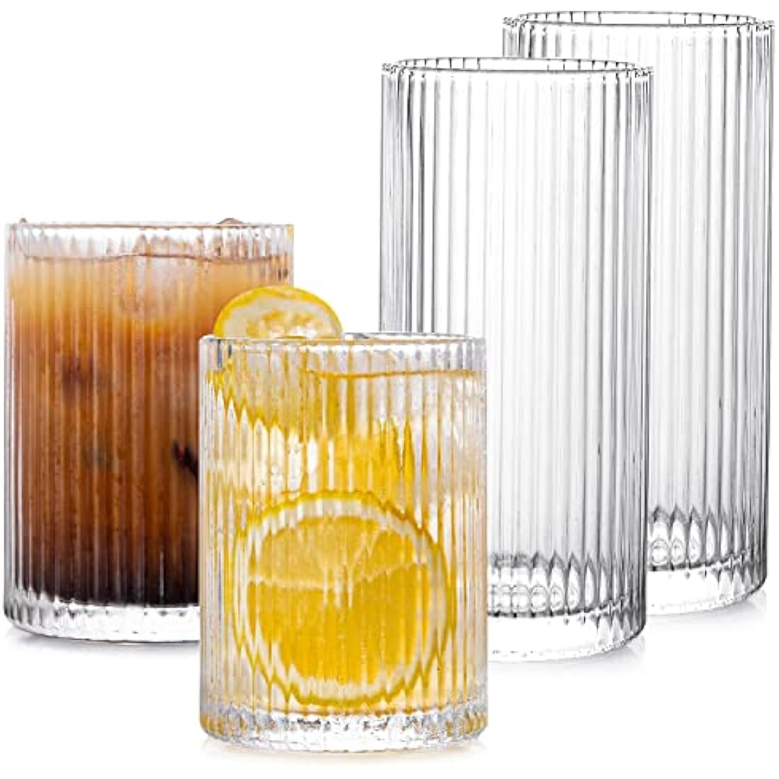 Drinking Glasses with Origami Style Set of 4pcs Glass Cups, 2 Highball Glasses & 2 Rocks Glasses, Elegant Ripple Vintage Glassware, Iced Coffee Glasses, Ideal for Cocktail, Whiskey,Beer