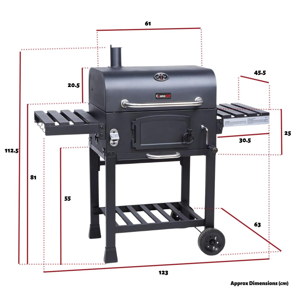 CosmoGrill Outdoor XL Smoker Barbecue Charcoal Portable BBQ Grill, 2 Folding Side Table, Built-in Thermometer, Adjustable Charcoal Pan & Chimney, Wheels, Large Coal BBQ Smoker for Home Garden Cooking