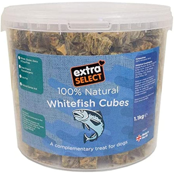 Extra Select Natural Dog Treat Premium Whitefish Cubes Bucket 1.1 kg