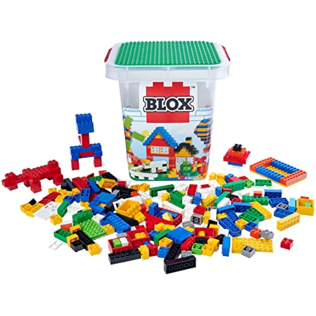 Simba 104114519 Blox 500 Building Blocks in Bucket, for Children from 3 Years, Various Stones, 16 Windows, 4 Doors, with Base Plate, Fully Compatible, Assorted Colours