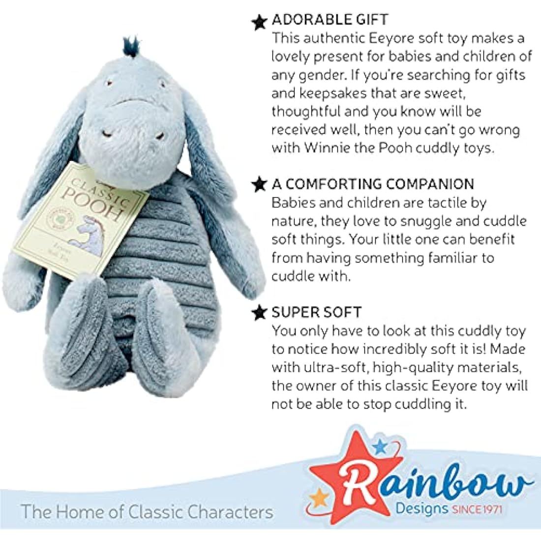 Classic Winnie the Pooh & Friends - Eeyore - Cuddly Donkey - Great as Gift for Newborn Baby, Children and Toddlers - Soft Toy by Rainbow Designs