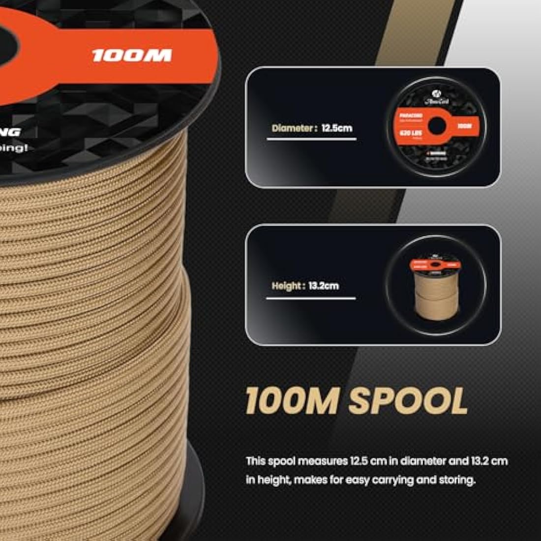 Abma Cord Paracord 4mm 100m 100% Nylon Rope 9 Strands Type III Parachute Cord for DIY, Camping, Survival, Outdoor - Max. 280kg - Tan