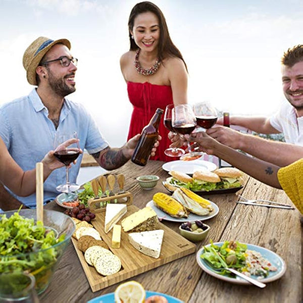 joeji's Kitchen Cheese Board Platter Set - Natural Wood Bamboo - Gift Set with Knives & Holder - Charcuterie Platter