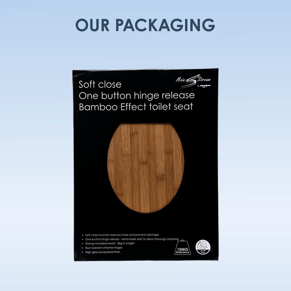 AQUALONA® Luxury Soft Close Toilet Seat - Moulded Wood - Stainless Steel Slow Close Hinges - Click, Lift & Clean Technology (Bamboo Toilet Seat)