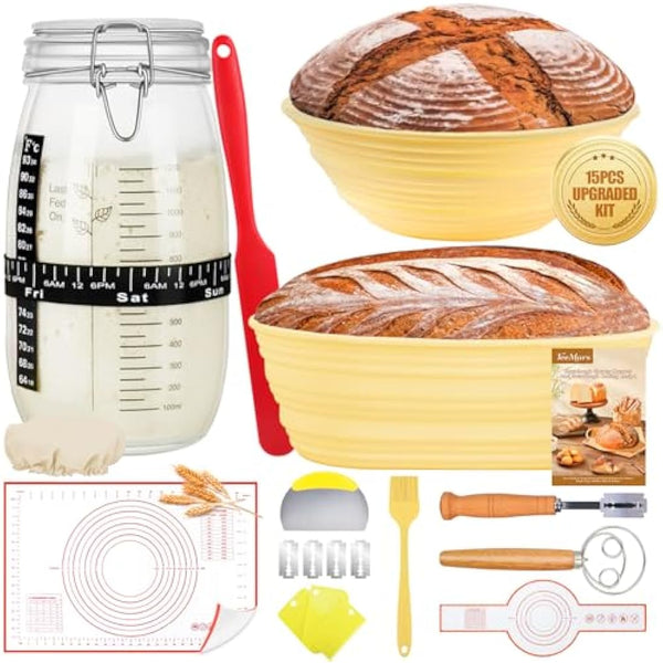 DoughEase Sourdough Starter Kit, 1500ml Sourdough Starter Jar, Bread Proofing Baskets, Dutch Oven Sling, Thermometer, Feeding Time Tracker, Dough Mat, Dough Whisk, Sourdough Bread Baking Supplies