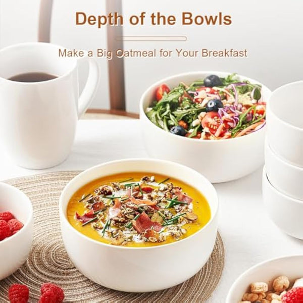Jassceram Cereal Bowls Set of 6, 800ml Ceramic Large Bowls for Soup, Salad, Dessert and Oatmeal, Suitable for Kitchen or Dining - Dishwasher & Microwave Safe, 6 Inch, 28 Oz, White
