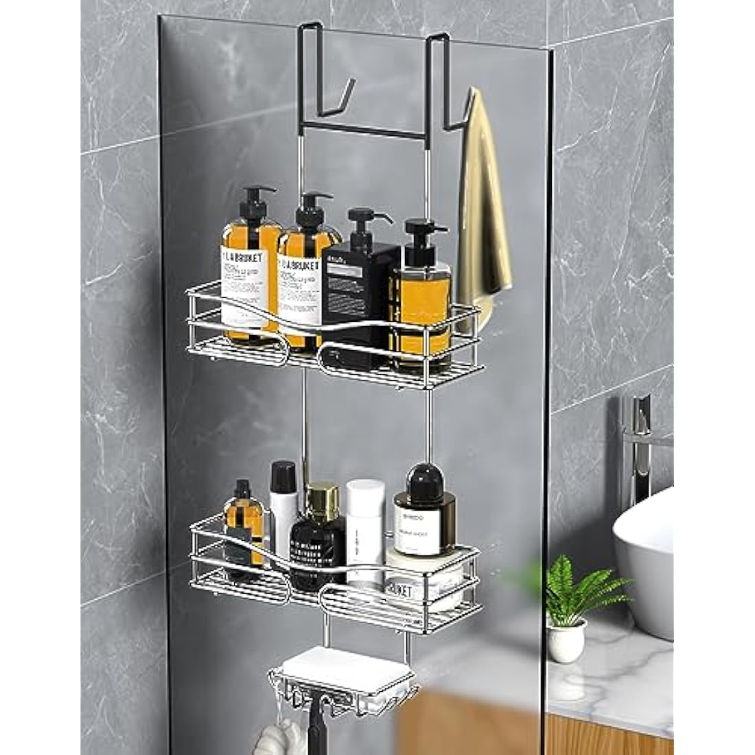 Cooeco Over Door Shower Caddy 2-Tier Bathroom Shelf with Soap Holder and Hooks, Stainless Steel Storage Organizer, Rust Proof, Silver