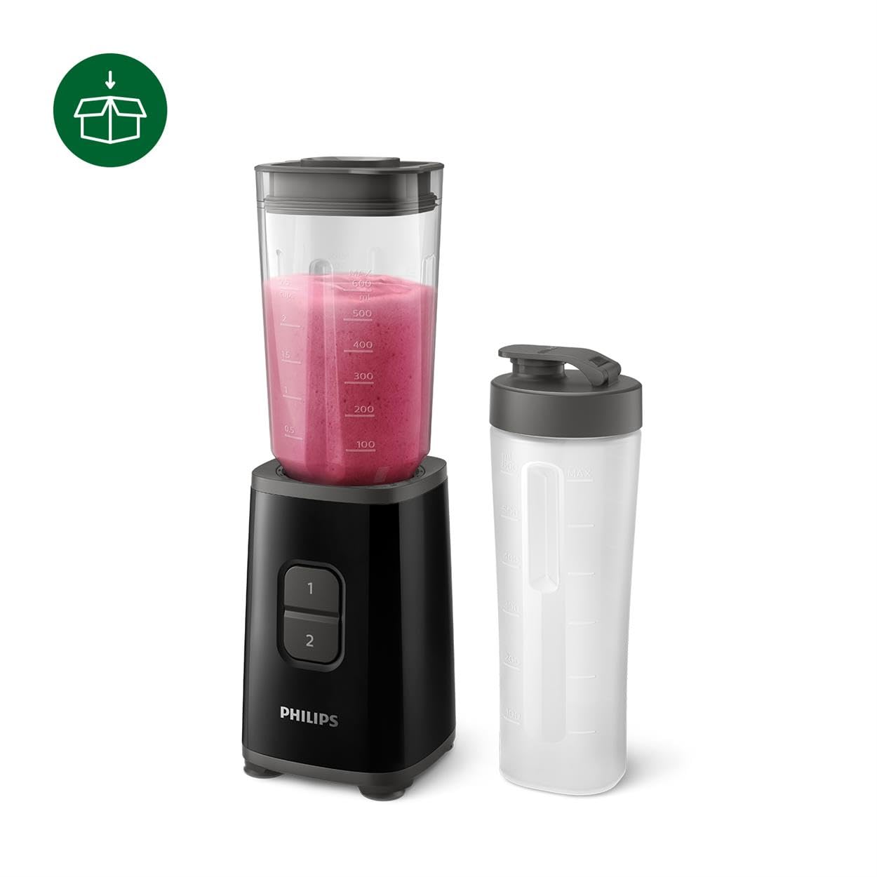 Philips Daily Collection Mini Blender and Smoothie Maker, 350W, 1L Jug, On-the-go Tumbler, Dishwasher Safe, Recipe App, 2 Speeds, Ice Crush, Quick