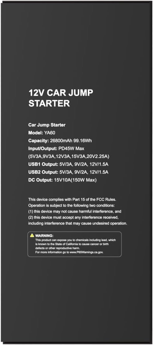 Jump Starter Power Pack 6000A 26800mAh YaberAuto Car Battery Booster, Portable Car Jump Starter Power Bank (for All Gas/12L Diesel) with Heavy-duty Jump Leads, 65W Fast Charging, 600 Lumens Light