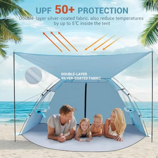 Elegear Beach Tent for 4-5 Person with Extra Large Canopy, Portable Sun Shelter Tent with UPF 50+ UV Protection, Beach Shade with Expandable Porch, Easy Setup Sun Tent for Beach, Camping, Fishing