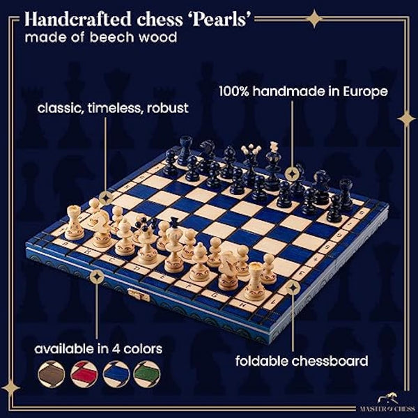 Master of Chess Wooden Chess Set 35 cm / 13.8 in - European Handmade Travel Chess Board Sets - Blue Portable Chess Set for Adults and Kids