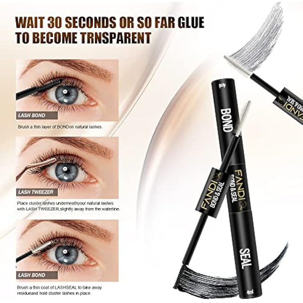 Lash Bond and Seal, Cluster Eyelash Glue for Individual Cluster DIY Eyelash Extensions,Strong Hold Waterproof Cluster Lash Glue 4ML+4ML Latex-free Long Lasting for Sensitive Eyes