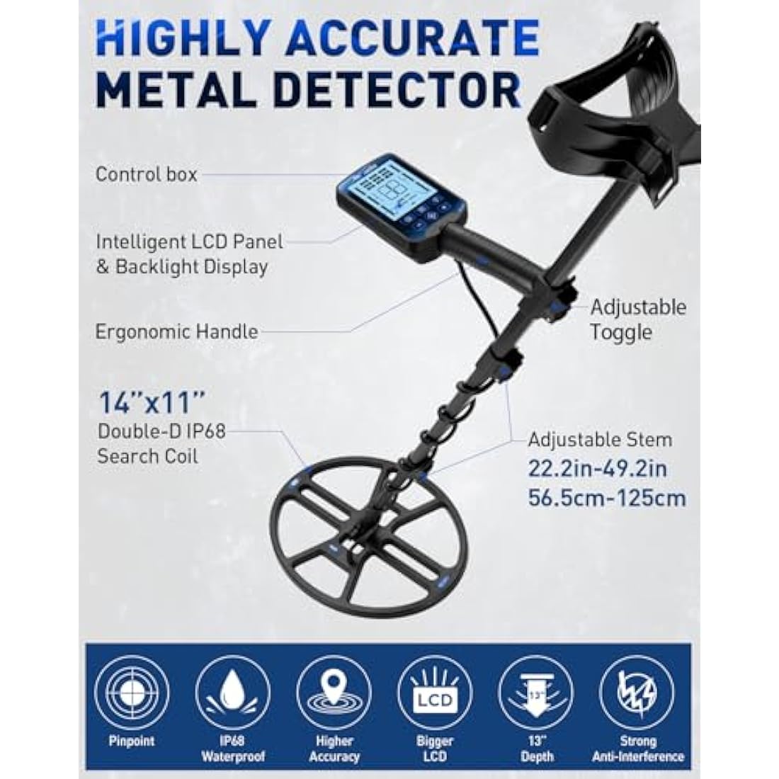 Hazlewolke Metal Detector for Adults, 13 inch Detection Depth, 14'' Waterproof & Wider Scanning Range DD Search Coil, Strong Anti-Interference, Professional Metal Detectors Kit with Pinpoint Mode