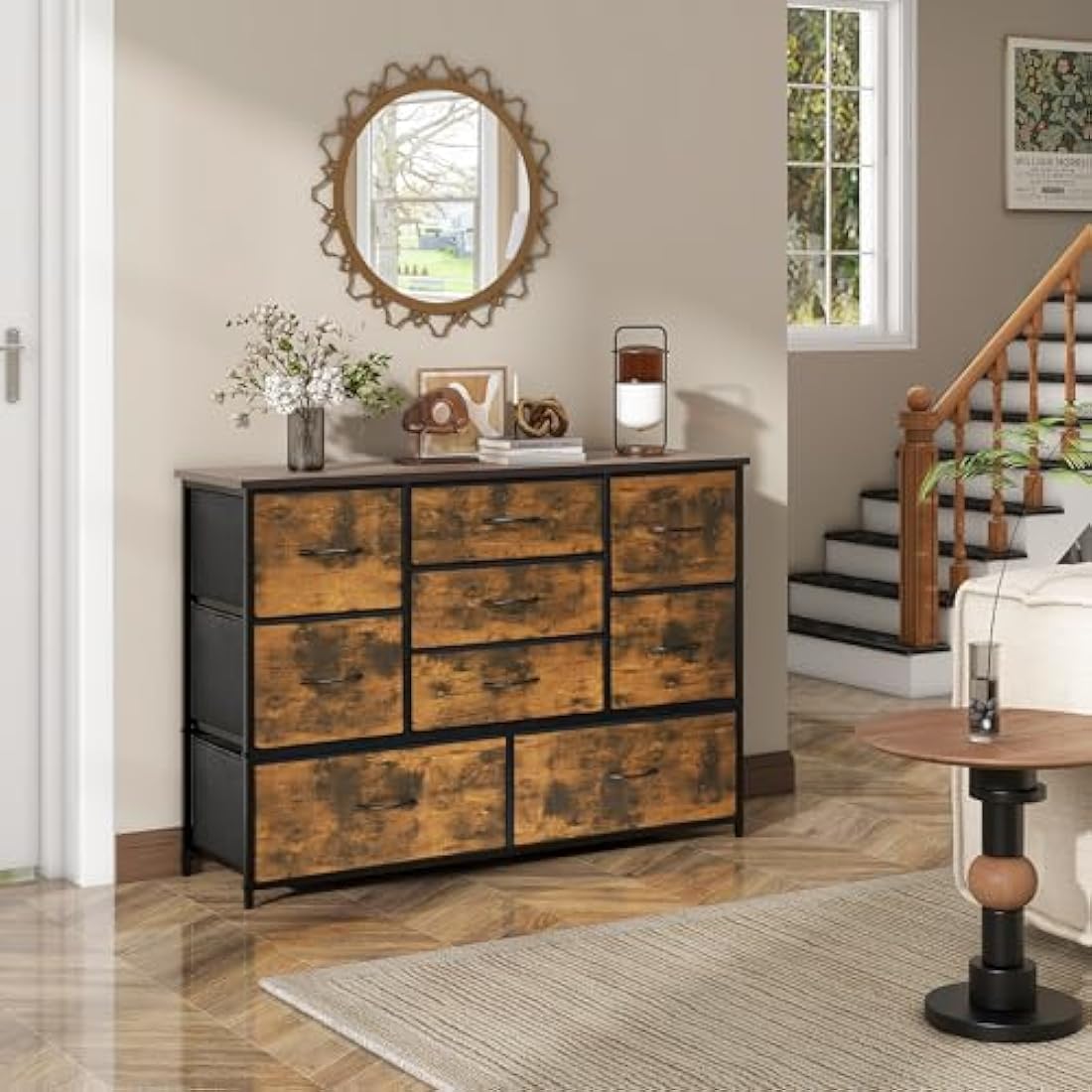 LYNCOHOME Chest of Drawers for Bedroom, 9 Drawer Fabric Dresser Storage Organizer, Wide Dresser TV Stand for Bedroom, Living Room, Entryway, Nursery